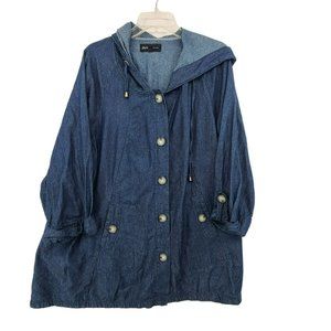 Jones NY Women's Button Down Hooded Denim Mid Length Jacket Blue Size 2x